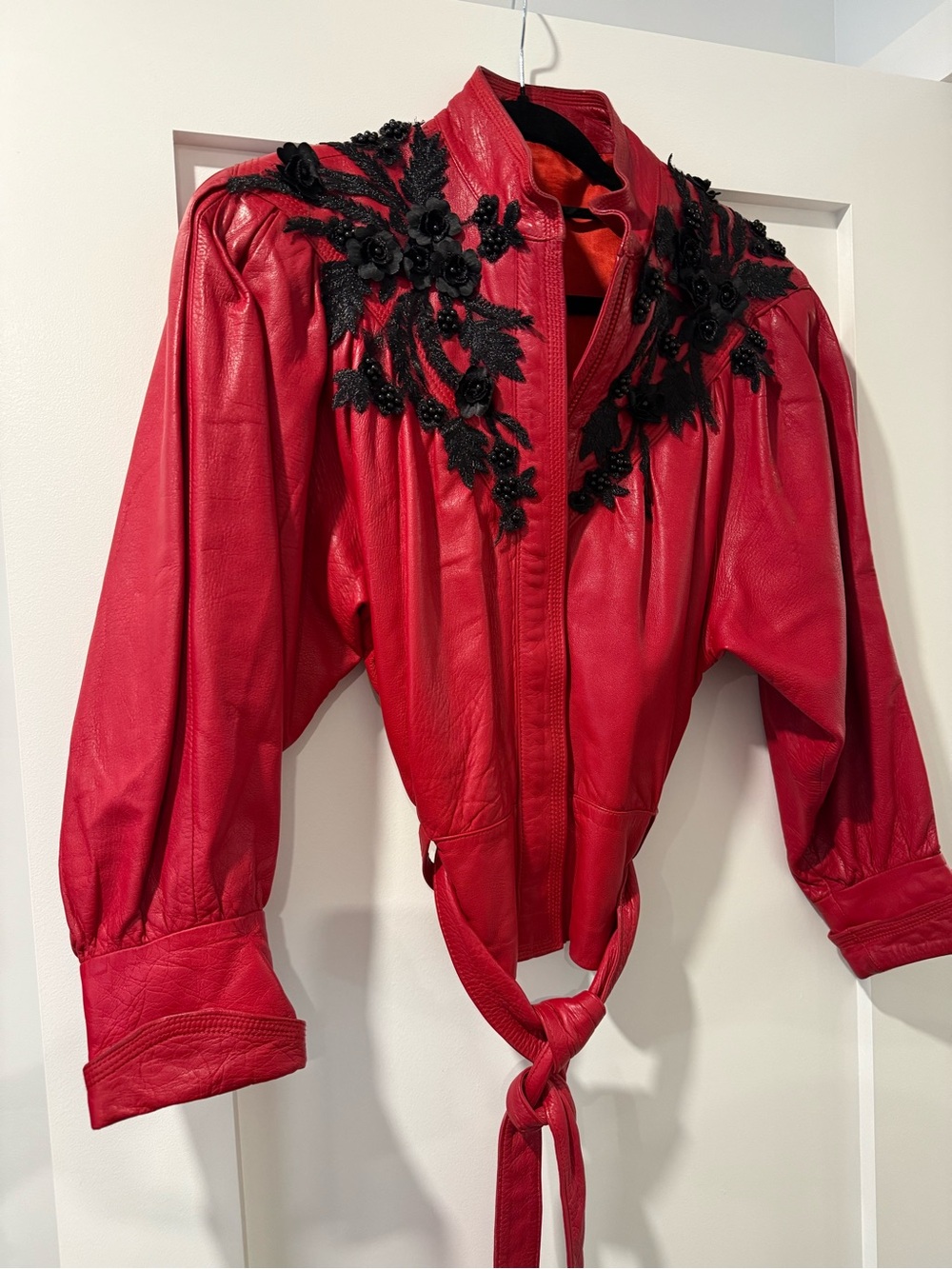 Red Vintage Leather Jacket with Embroidered Detail - Women - Picture 3 of 9